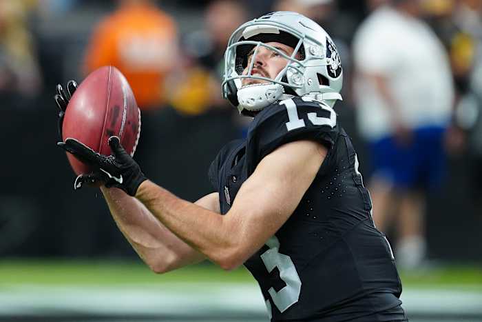 Sep 24, 2023; Paradise, Nevada, USA; Las Vegas Raiders wide receiver Hunter Renfrow (13) warms up before a game against the Pittsburgh Steelers at Allegiant Stadium.